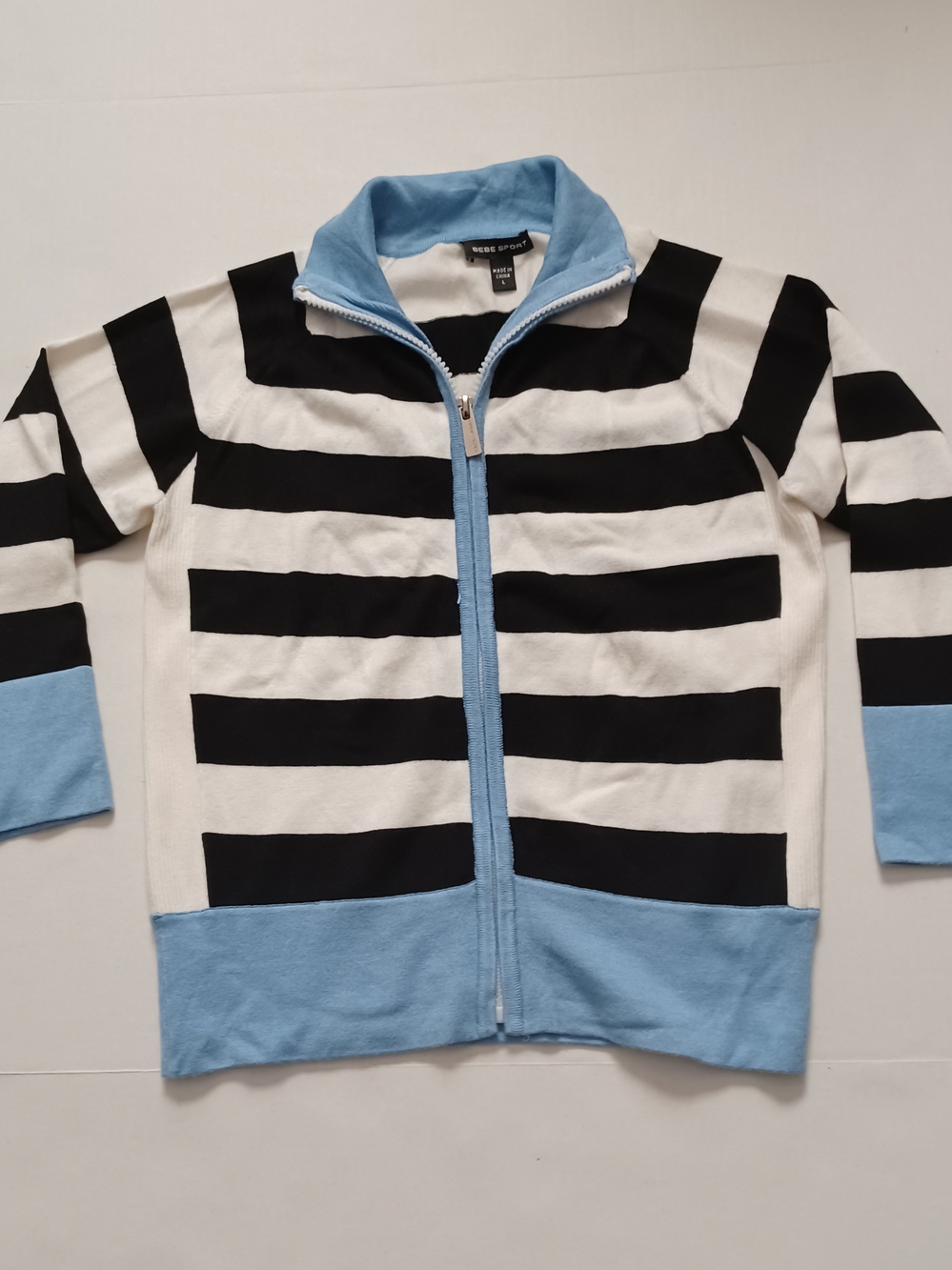 bebe Black & White Striped Zip Sweater with Light Blue Trim Size L